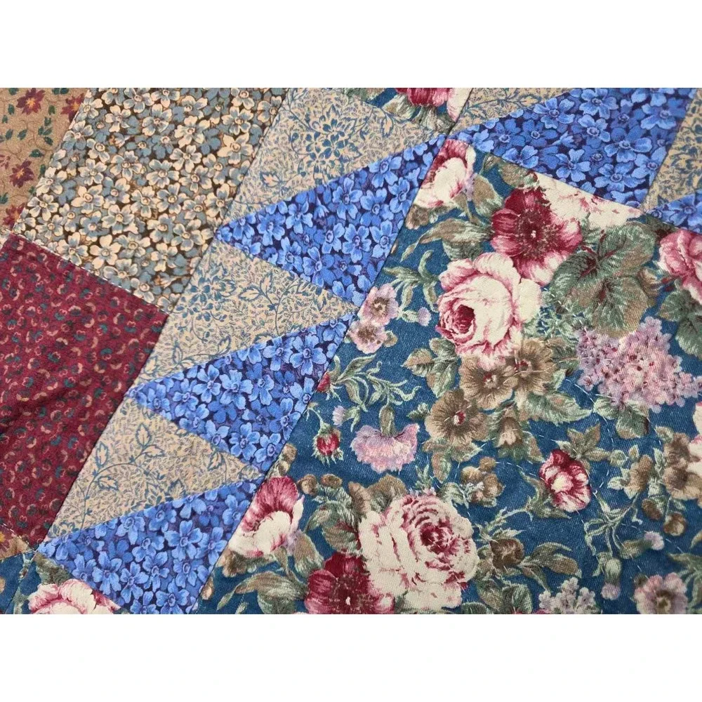 Vintage Handmade Patchwork Floral Quilt Blue Burgundy Cottagecore Throw 46x38